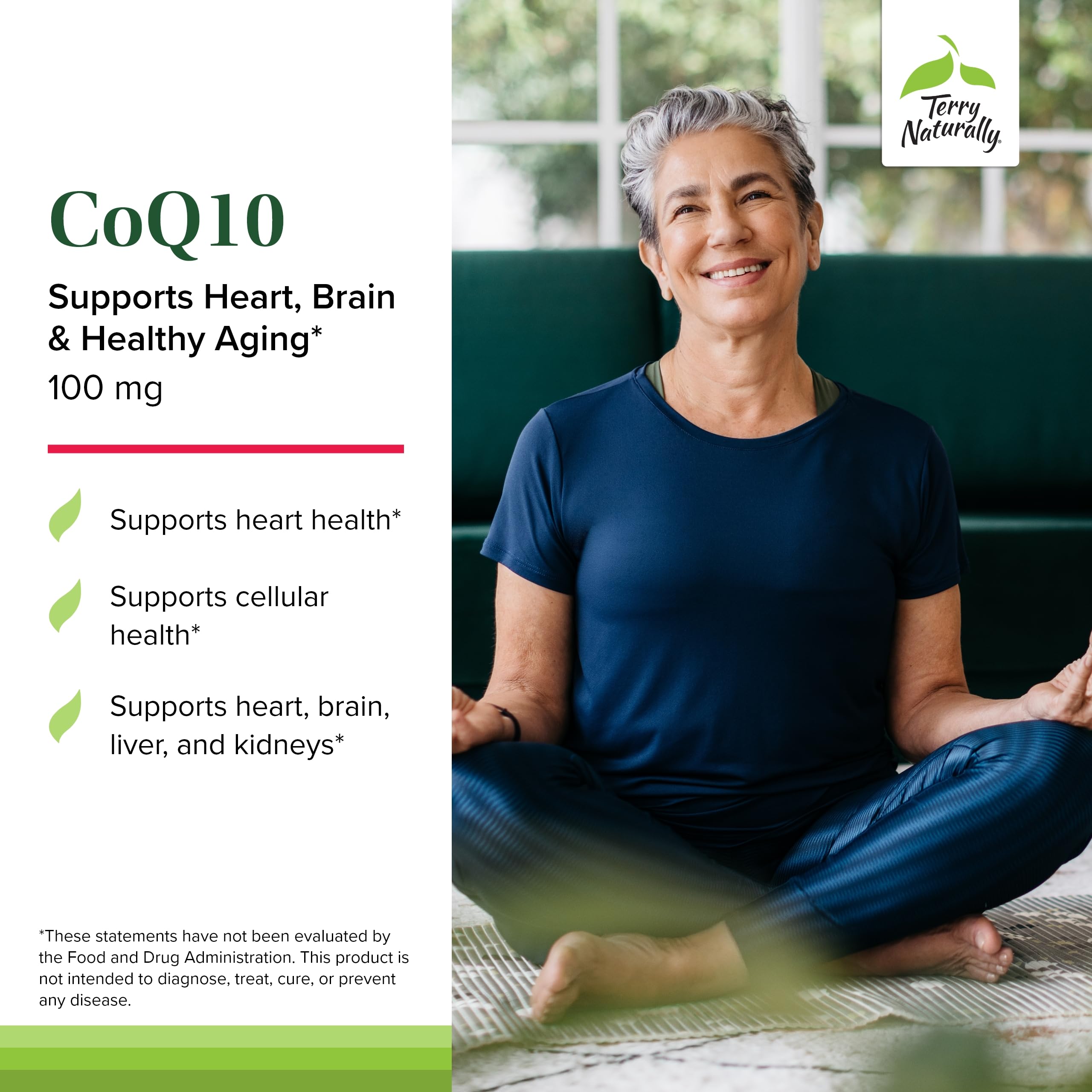 Terry Naturally CoQ10 Chewables tablet closeup shows small, easy-to-chew supplements.