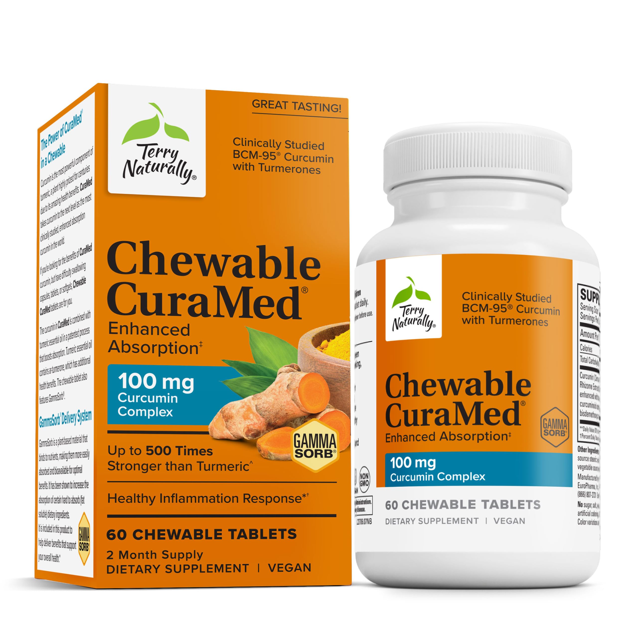 Terry Naturally CuraMed 100mg curcumin bottle highlighting enhanced absorption.