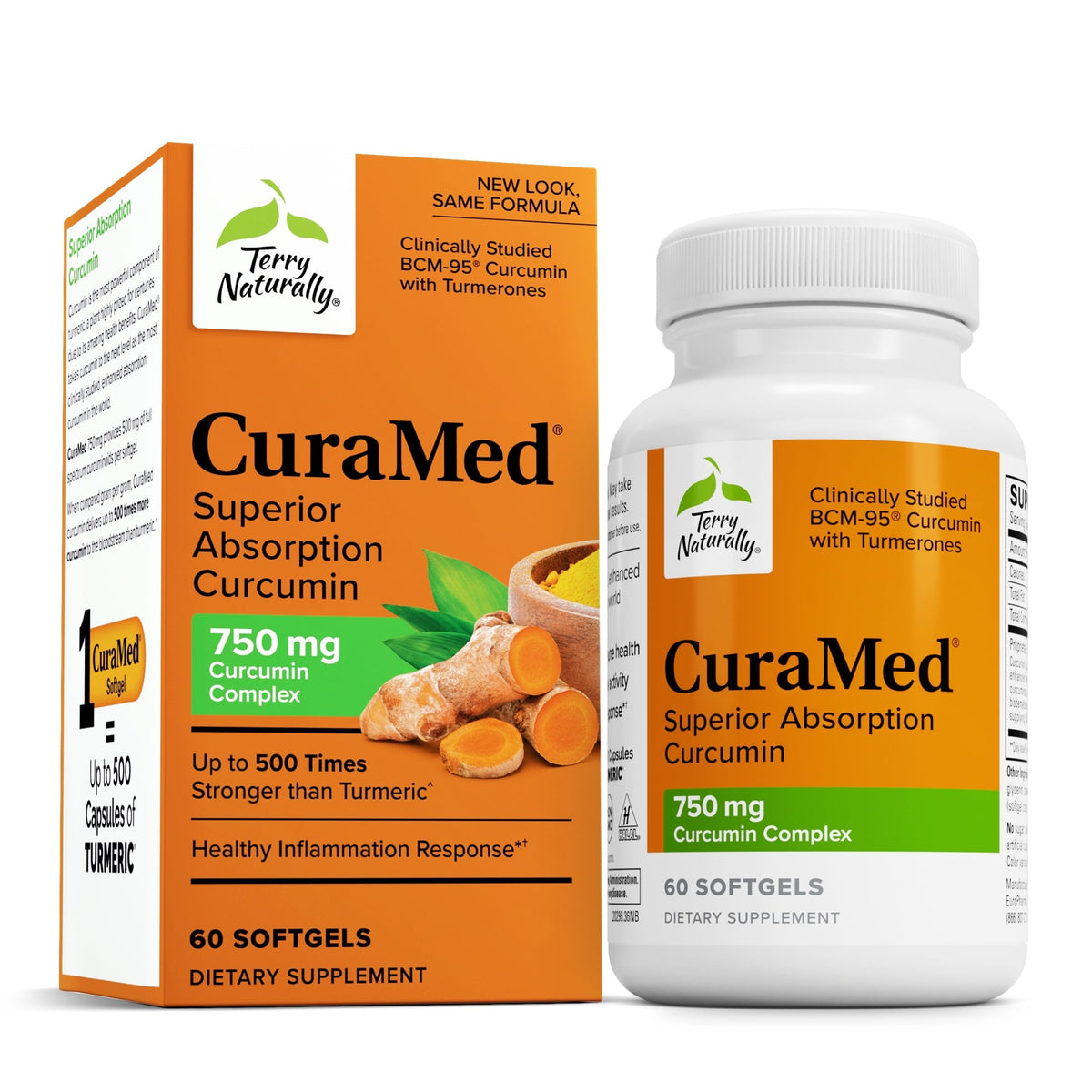 Terry Naturally CuraMed 750mg bottle front showing high-potency curcuminoids for daily support.