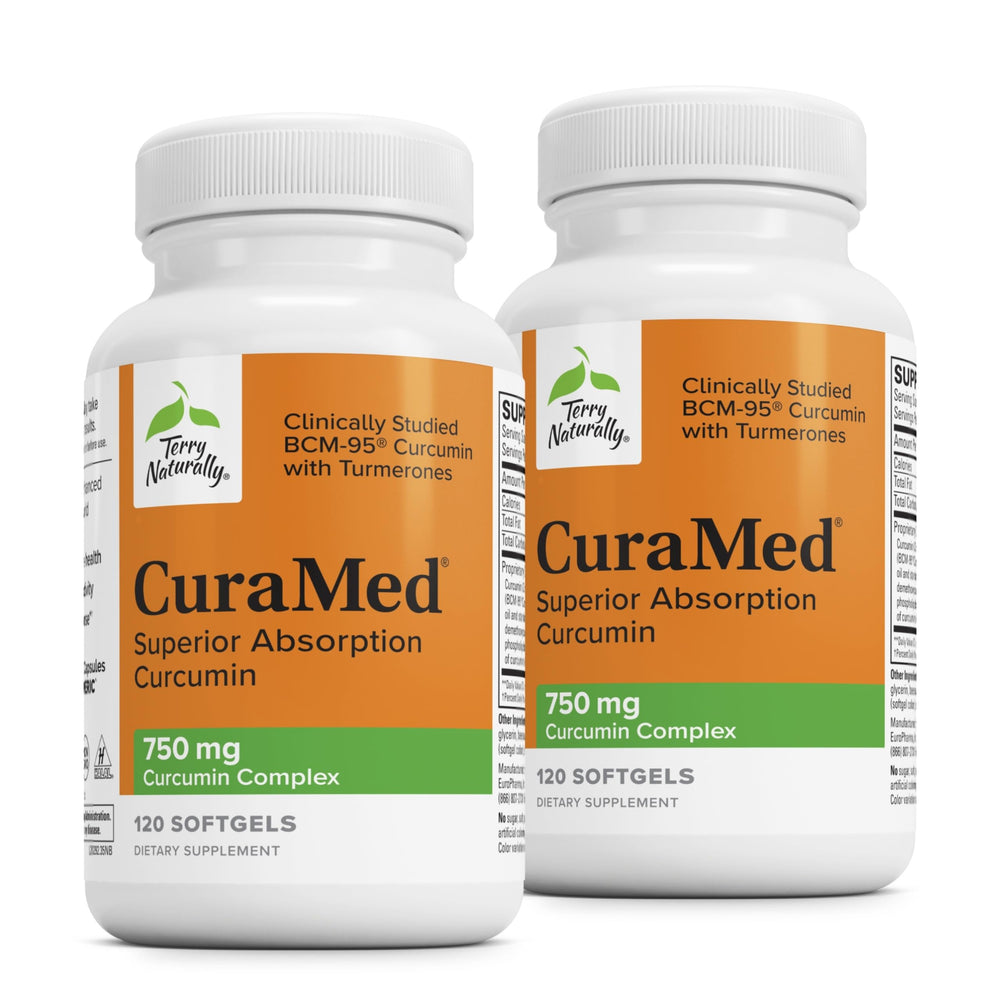 Terry Naturally CuraMed 750 mg bottle front with high-potency curcuminoids.