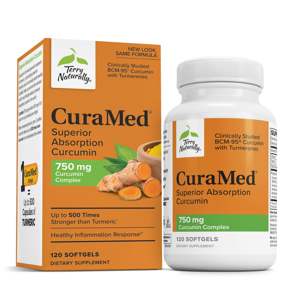 Terry Naturally CuraMed 750mg bottle front showing high-potency curcumin for antioxidant support.