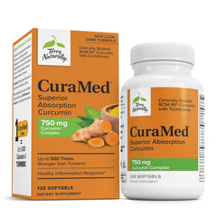 Terry Naturally CuraMed 750mg bottle front showing high-potency curcumin for antioxidant support.