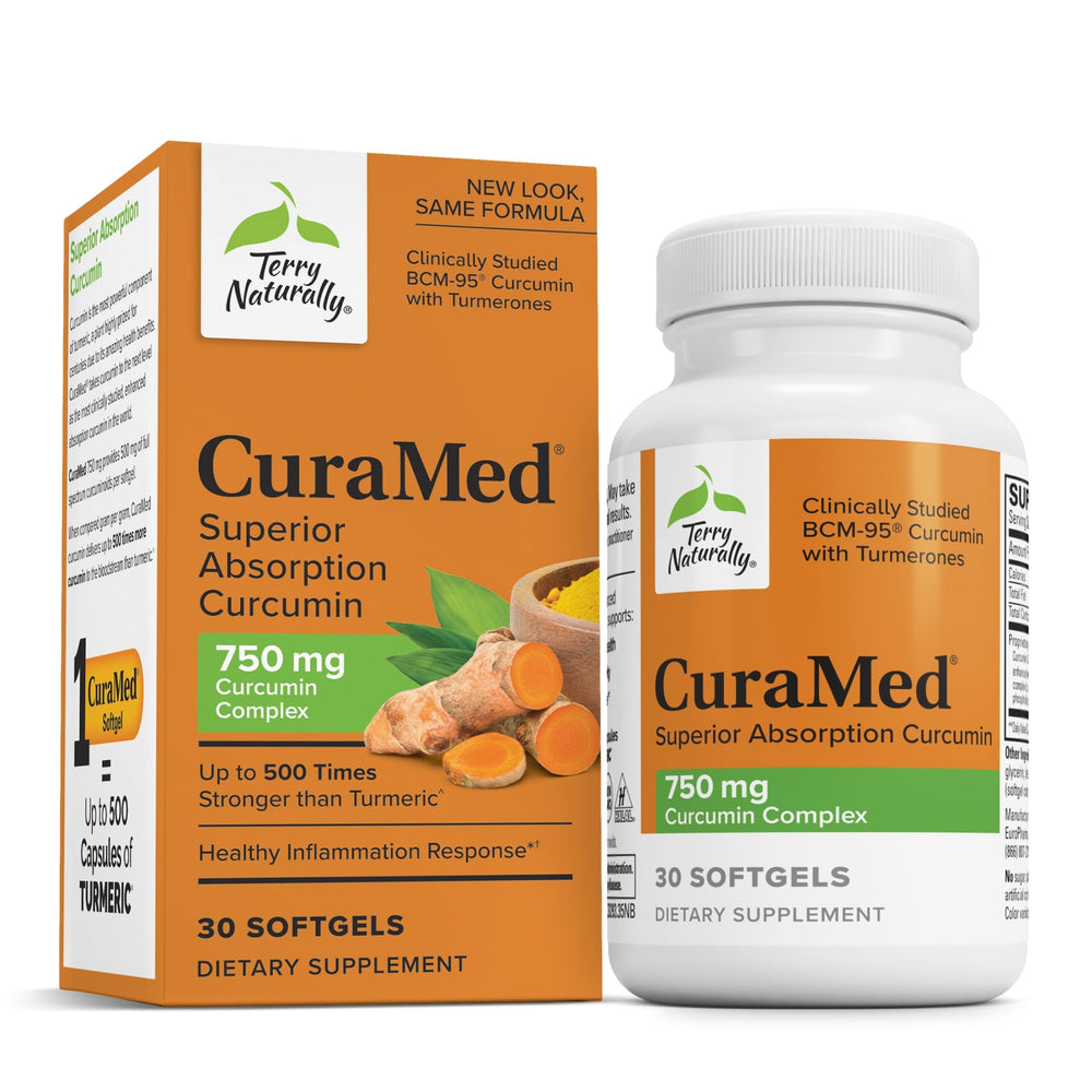 Terry Naturally CuraMed 750mg bottle front highlighting high-potency curcuminoids for daily support.