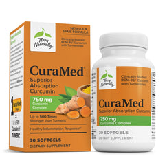 Terry Naturally CuraMed 750mg bottle front highlighting high-potency curcuminoids for daily support.
