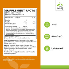 Terry Naturally CuraMed 750mg bottle label highlights 500 mg curcuminoids per serving.