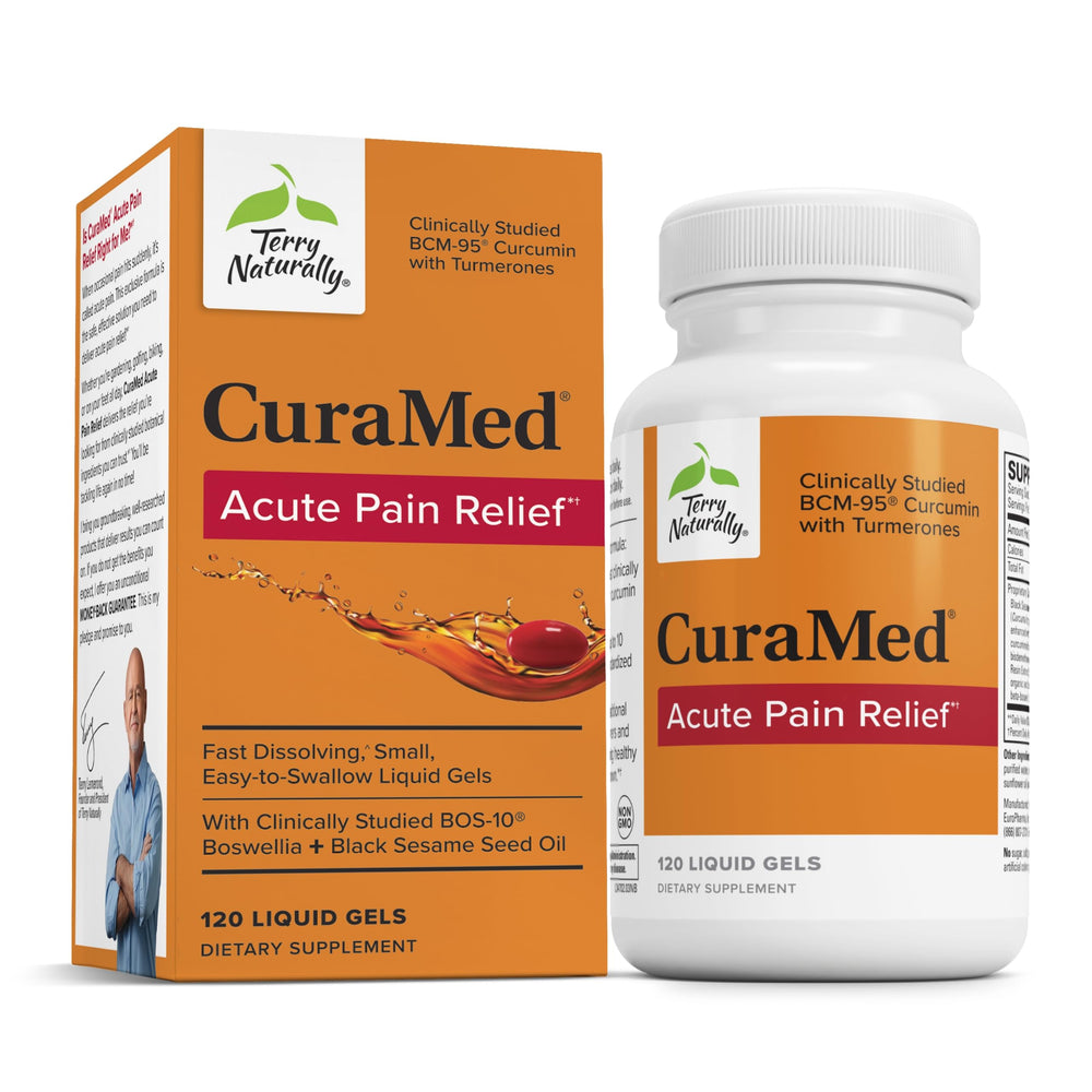 Terry Naturally CuraMed acute pain relief bottle with BCM-95 curcumin and Boswellia.