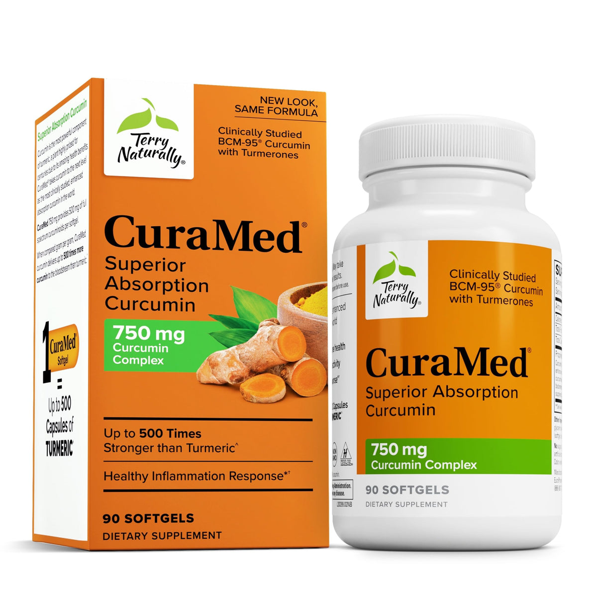 Terry Naturally CuraMed bottle front with high-potency curcumin for daily brain and heart support.