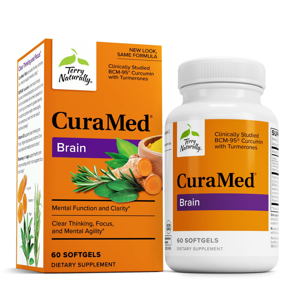 Terry Naturally CuraMed Brain bottle on a clean surface for daily brain support.