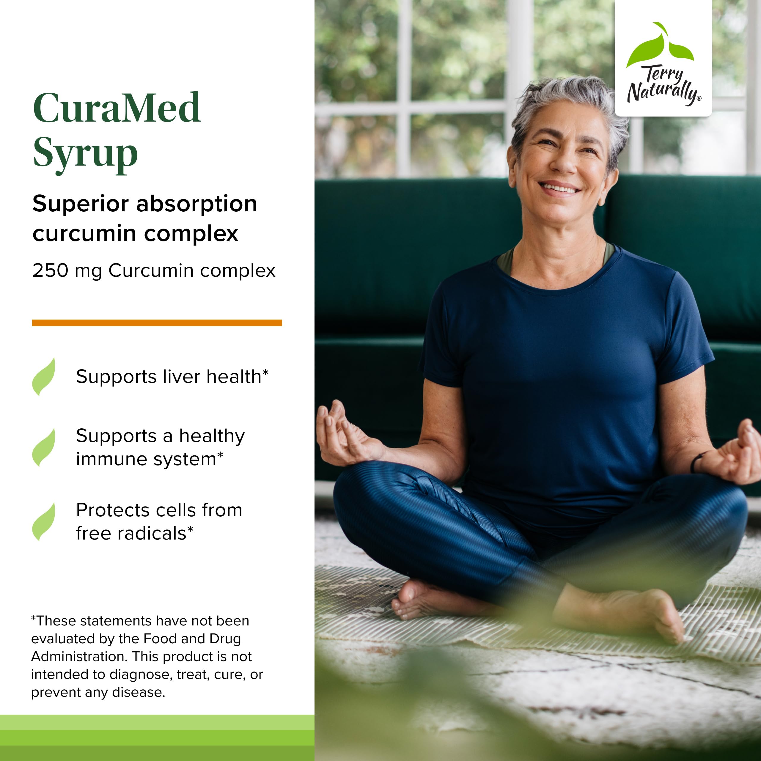 Terry Naturally CuraMed Syrup label—ingredient transparency and allergen-free formulation.