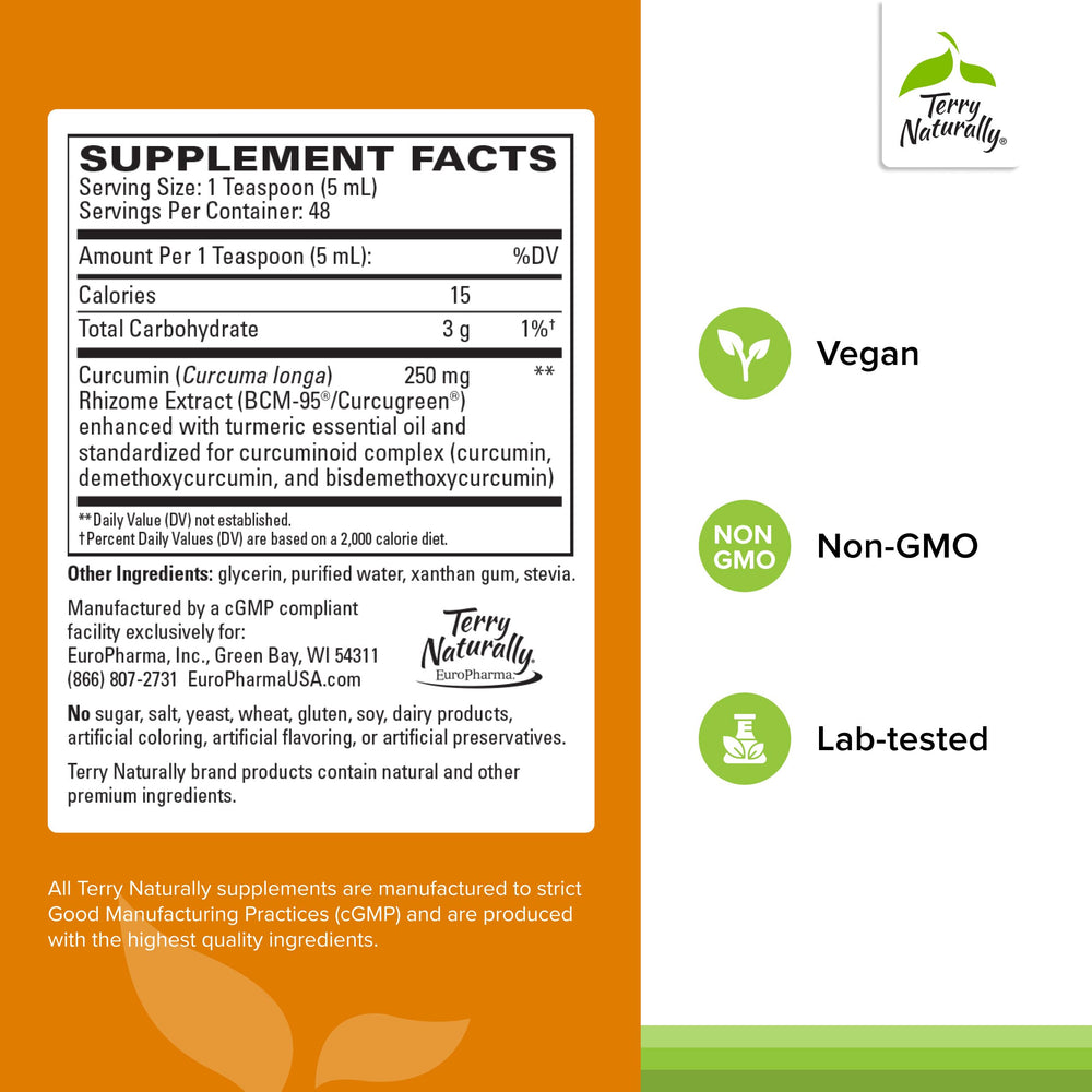 Terry Naturally CuraMed Syrup pour—convenient daily dose to support absorption.