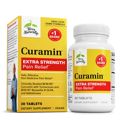 Terry Naturally Curamin Extra Strength bottle pouring capsules for daily circulation and joint support.