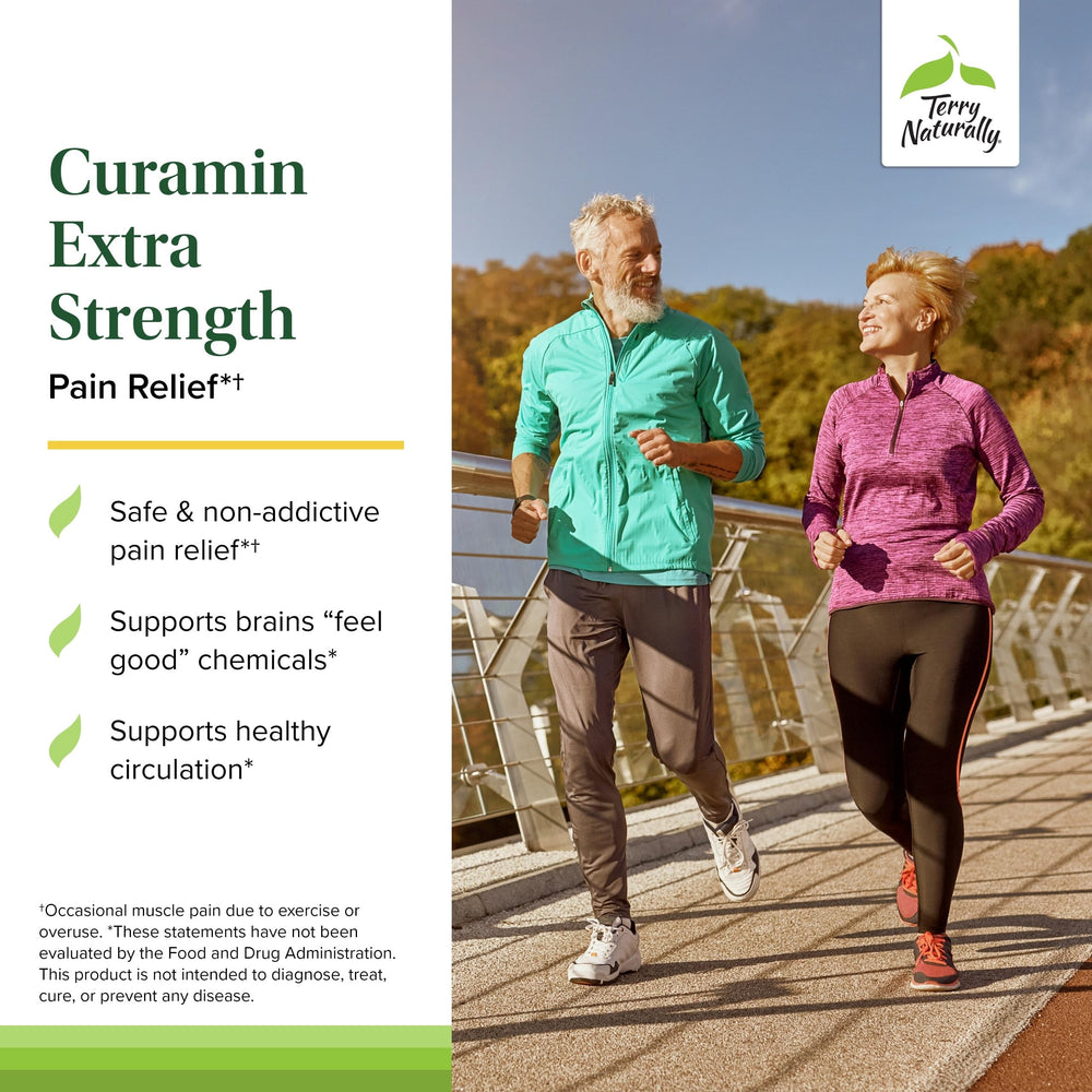 Terry Naturally Curamin Extra Strength tablets close-up highlighting easy daily capsules.