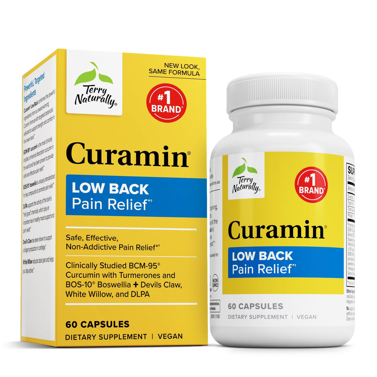 Terry Naturally Curamin Low Back bottle shown on shelf for everyday comfort support.