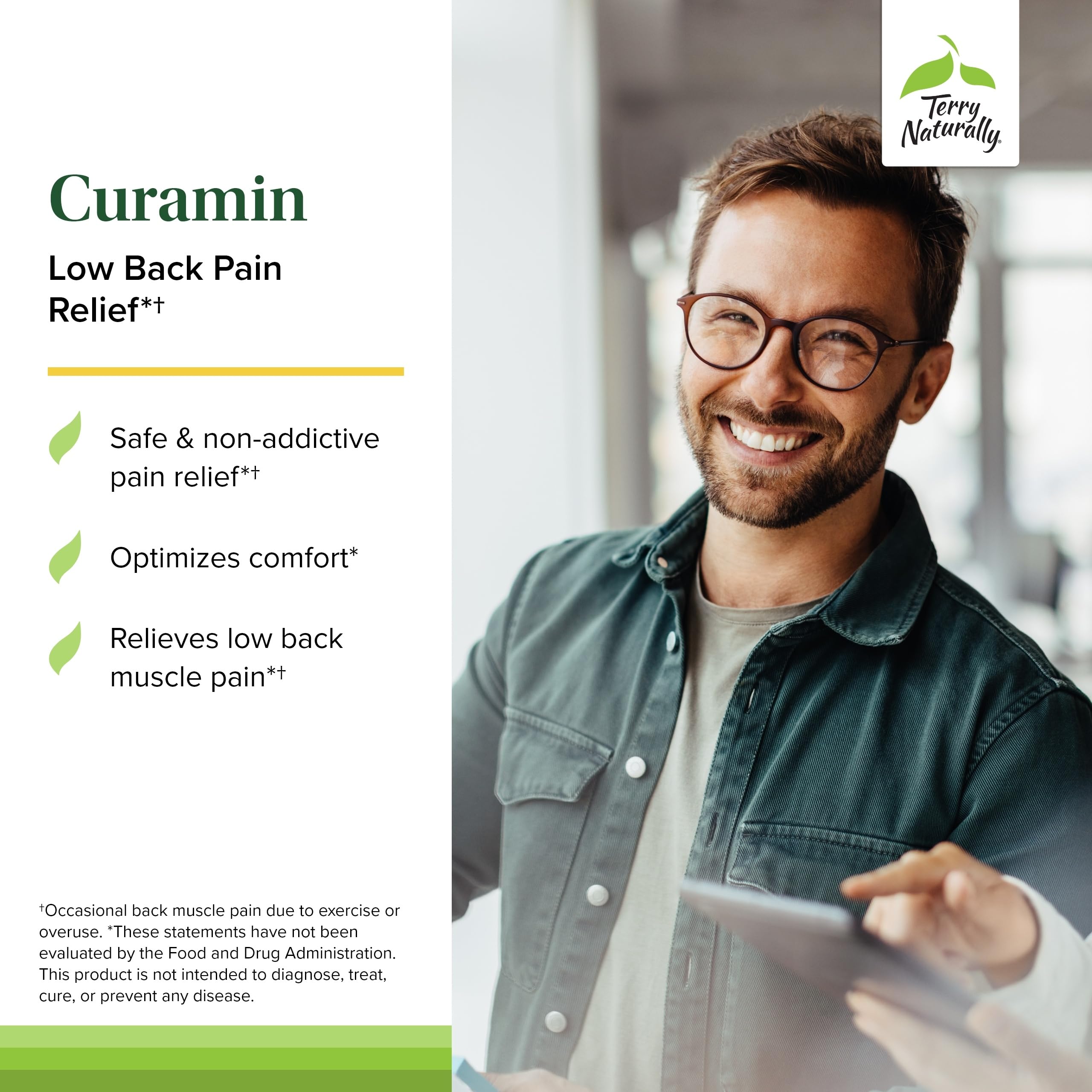 Terry Naturally Curamin Low Back with BCM-95 curcumin labeling emphasizing absorption.