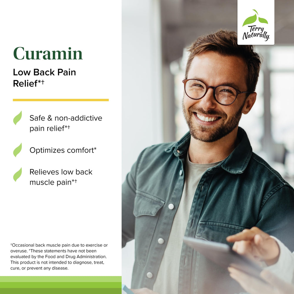 Terry Naturally Curamin Low Back with BCM-95 curcumin labeling emphasizing absorption.