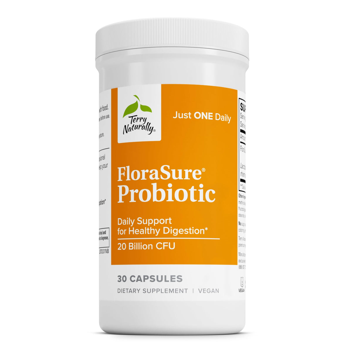 Terry Naturally FloraSure probiotic bottle with capsules for daily gut health.