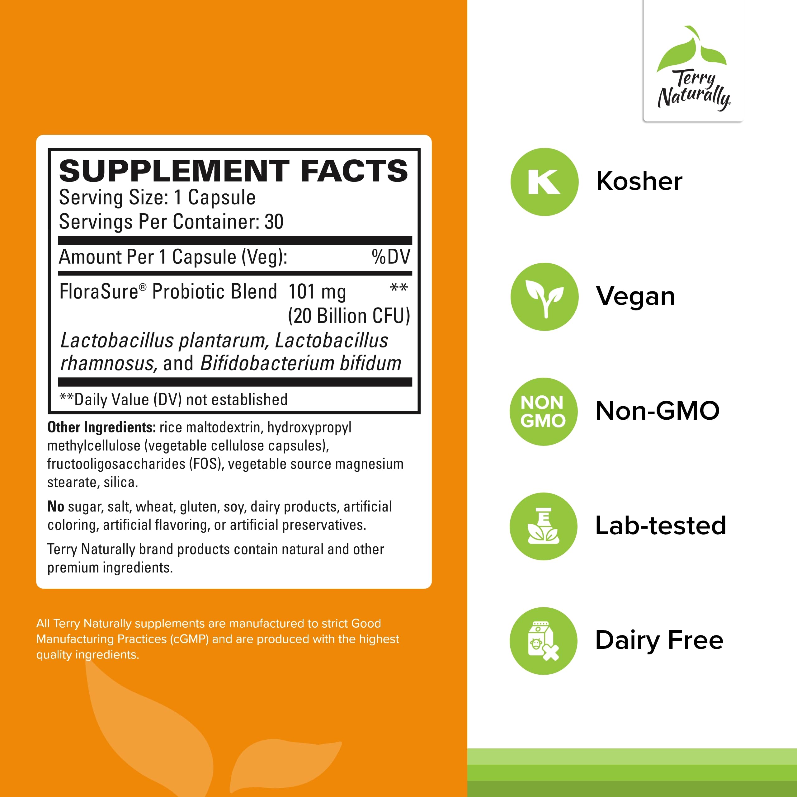 Label close-up of FloraSure probiotic showing ingredients for daily gut support.