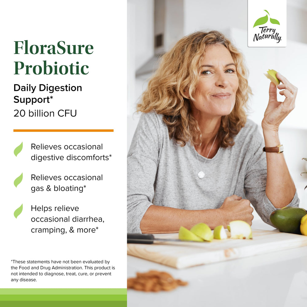 Packaging scene of FloraSure probiotic bottle highlighting daily use.