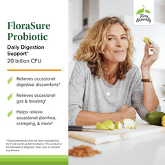 Packaging scene of FloraSure probiotic bottle highlighting daily use.