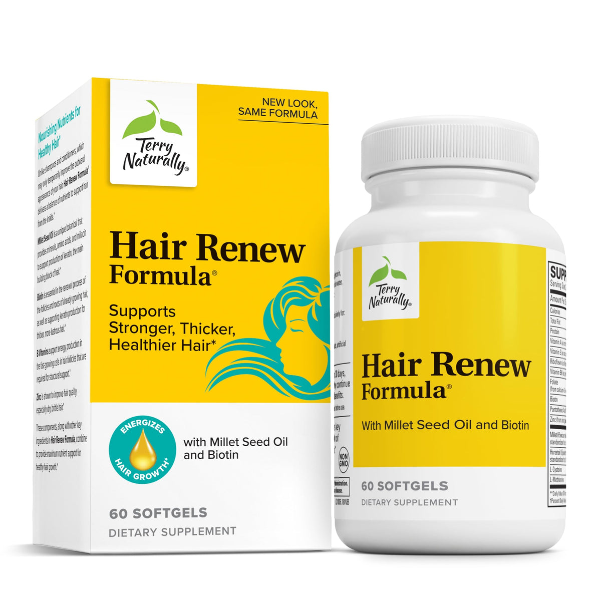 Terry Naturally Hair Renew Formula bottle on desk for daily hair nourishment.