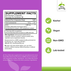 Close-up of Terry Naturally Healthy Cholesterol with Amla cap showing easy daily capsules for immune health.