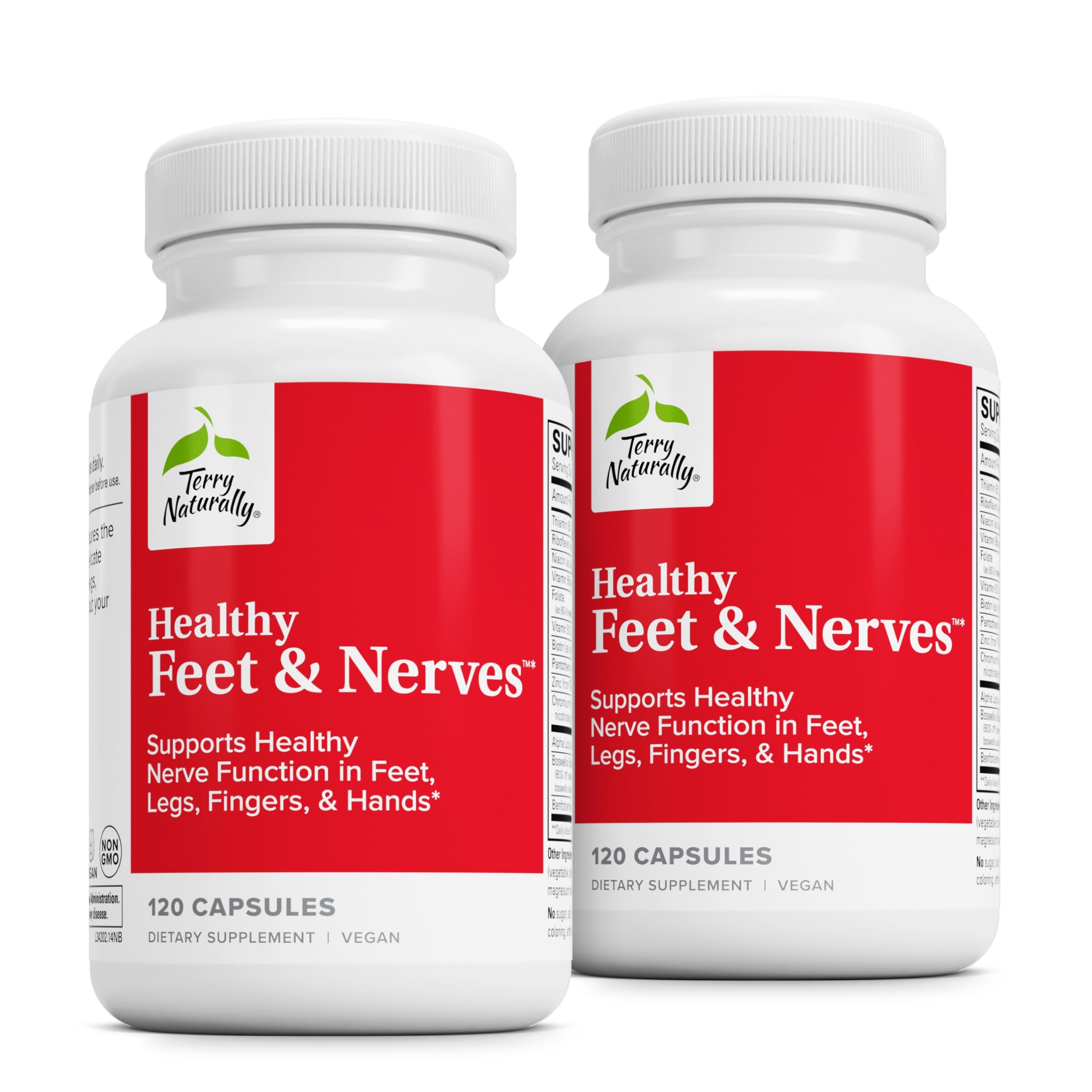 Terry Naturally Healthy Feet Nerves bottle front with vegan capsules for circulation support.