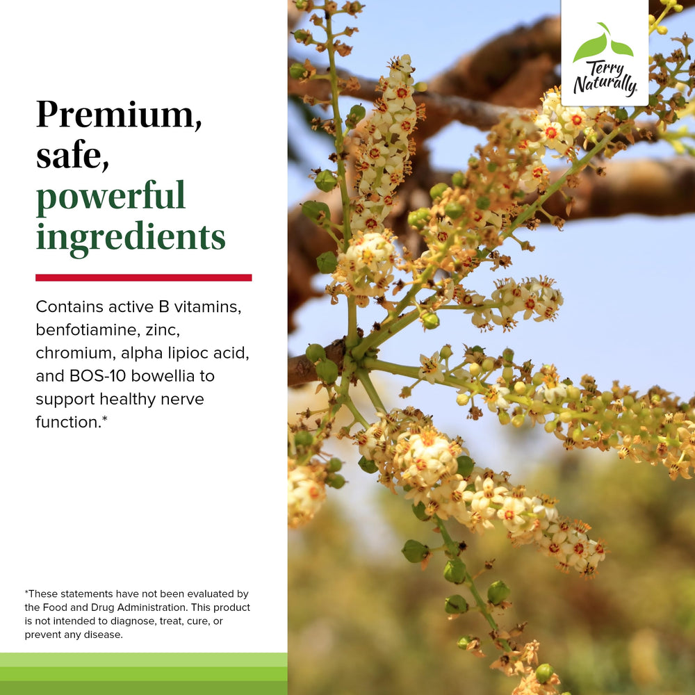 Label detail of Terry Naturally Healthy Feet Nerves emphasizing allergen-free vegan formula.