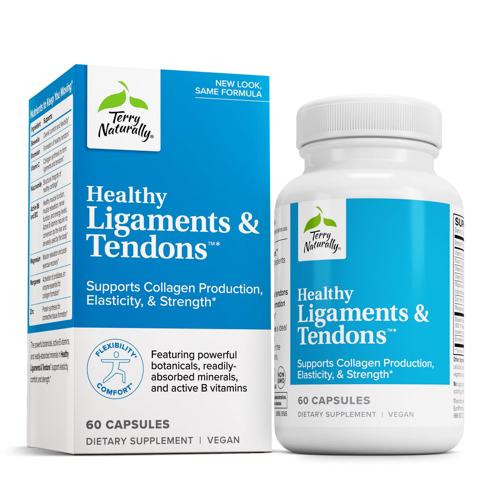 Terry Naturally Healthy Ligaments & Tendons bottle showing non-GMO formula for joint support