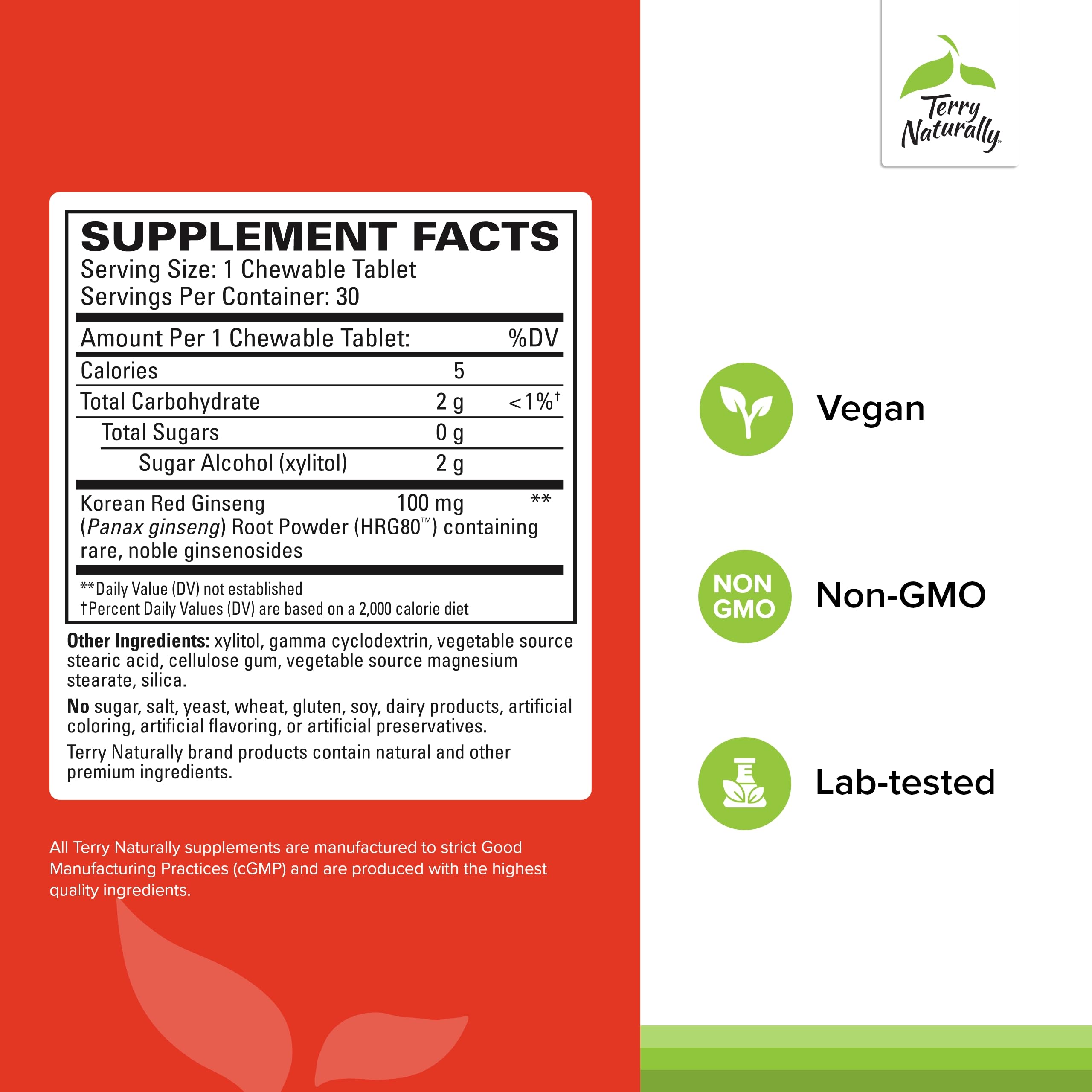 Terry Naturally HRG80 red ginseng tablets closeup highlighting supplement form.
