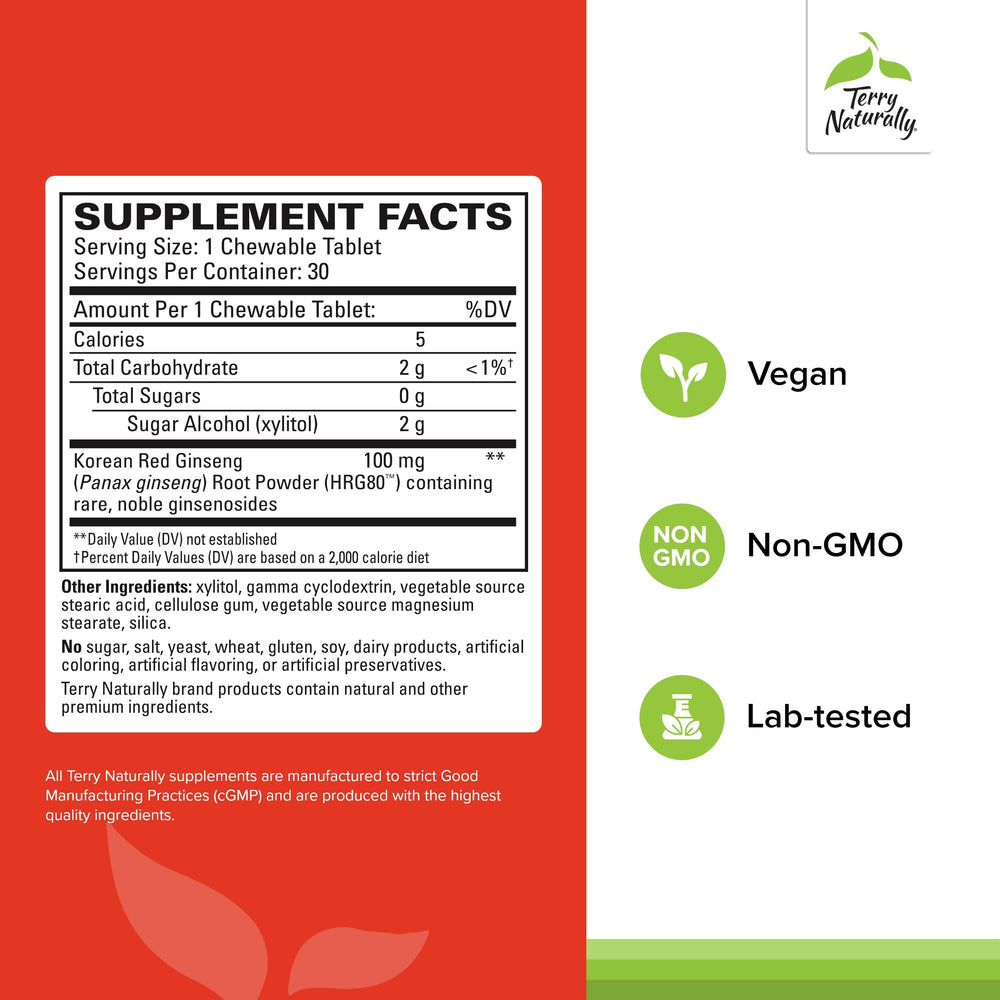 Terry Naturally HRG80 red ginseng tablets closeup highlighting supplement form.