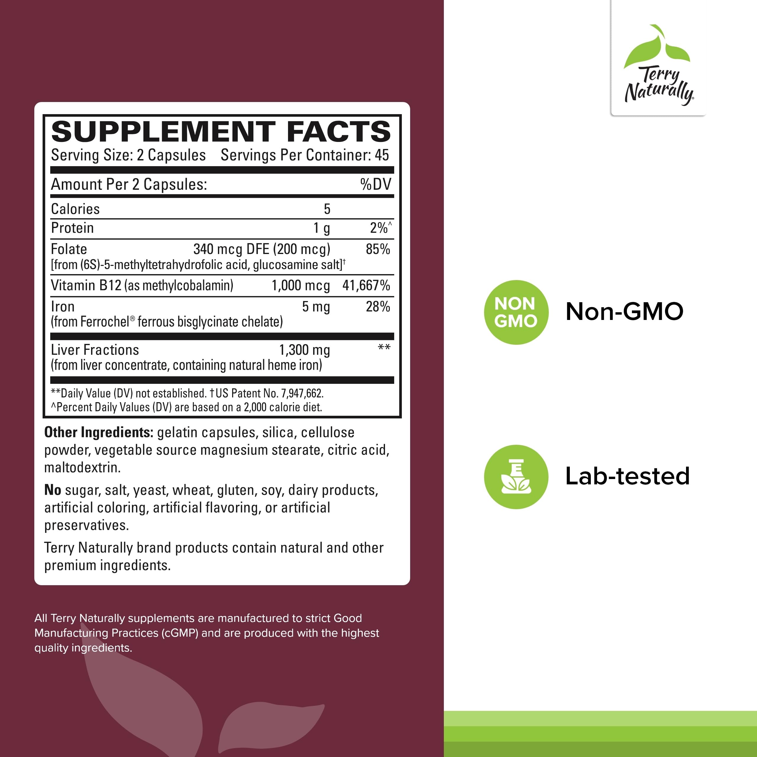Liver Fractions ingredients label highlighting gentle iron and B vitamins for energy production