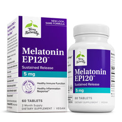 Terry Naturally Melatonin EP 120 bottle on nightstand supports restful sleep.