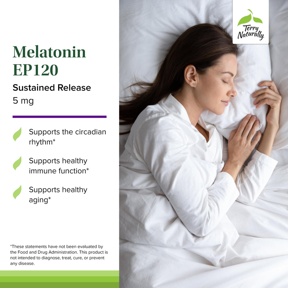 Terry Naturally Melatonin EP 120 label highlights gluten-free allergen-friendly formula.