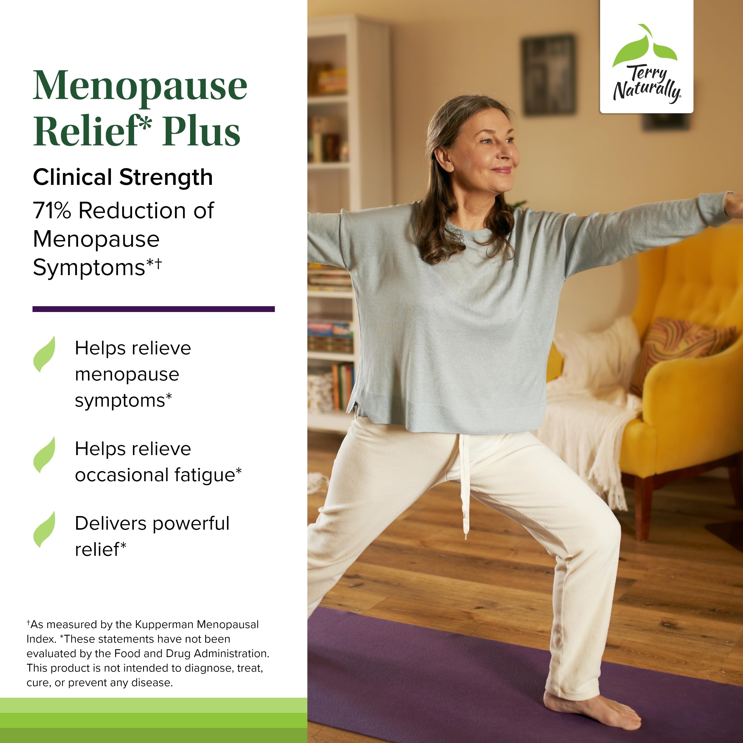 Terry Naturally Menopause Relief Plus capsules highlighting rhodiola EPR-7 for energy and resilience.
