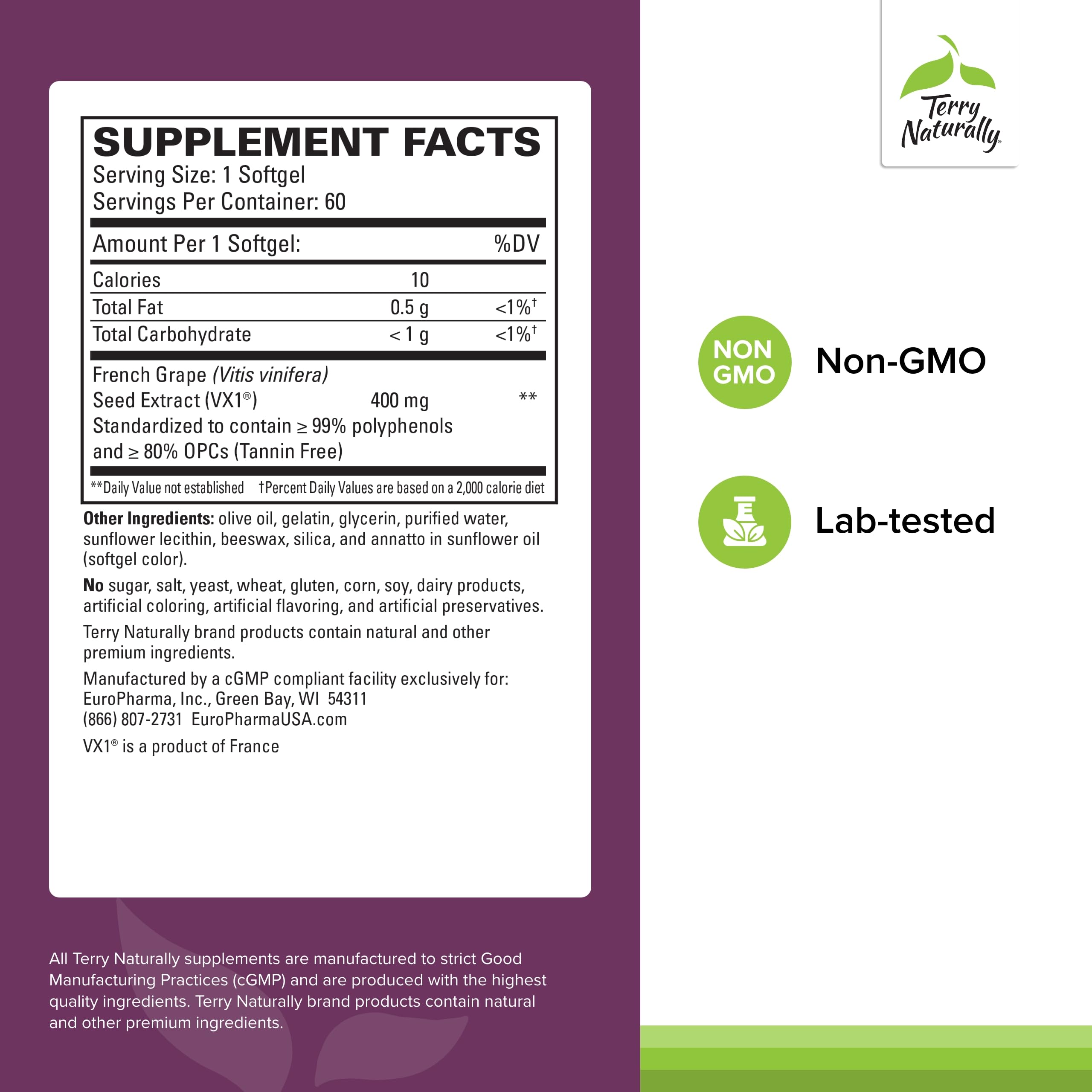 Terry Naturally OPC Extra Strength label close-up highlighting grape seed OPCs for antioxidant activity.