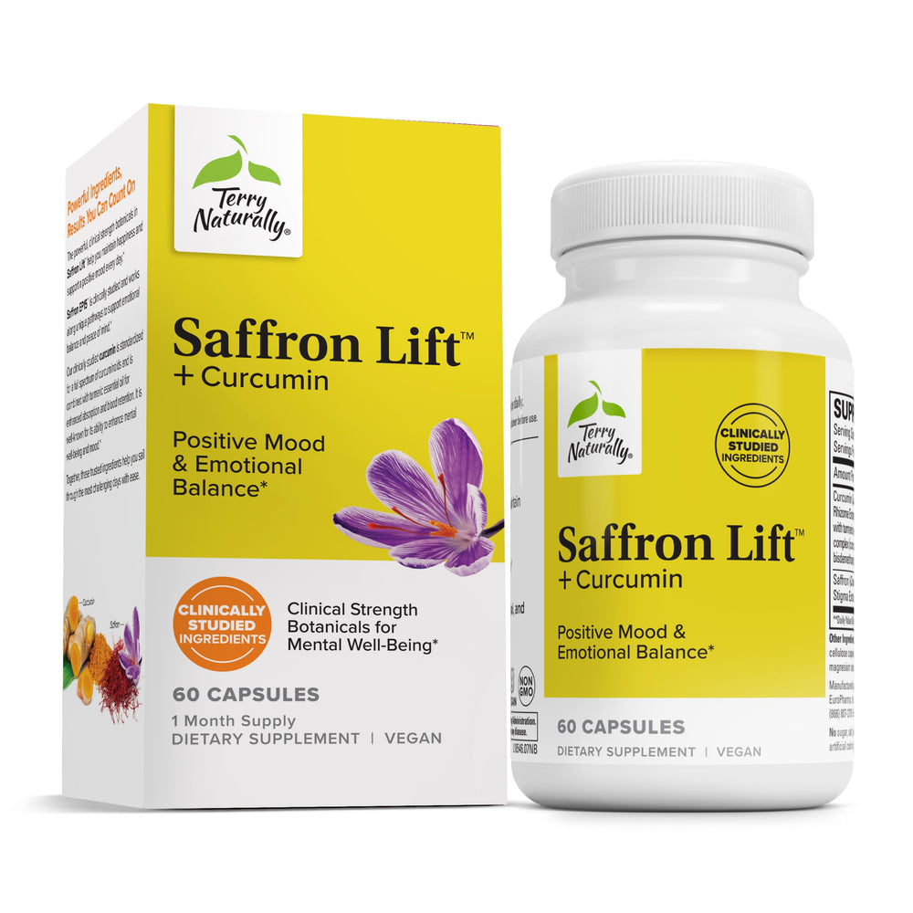 Terry Naturally Saffron Lift + Curcumin bottle for focus and calm