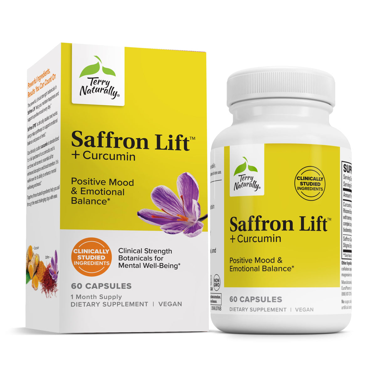 Terry Naturally Saffron Lift + Curcumin bottle for focus and calm