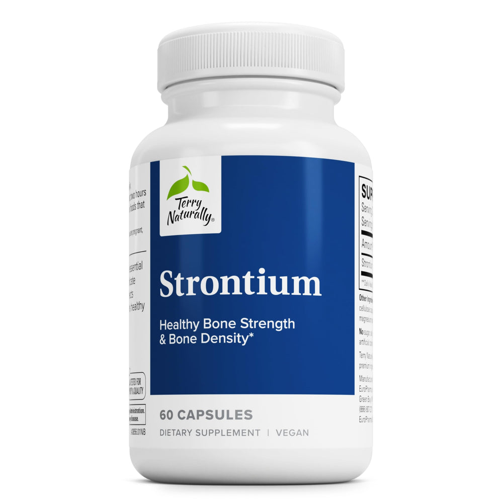 Terry Naturally Strontium bottle cap close-up for easy daily dosing and bone support