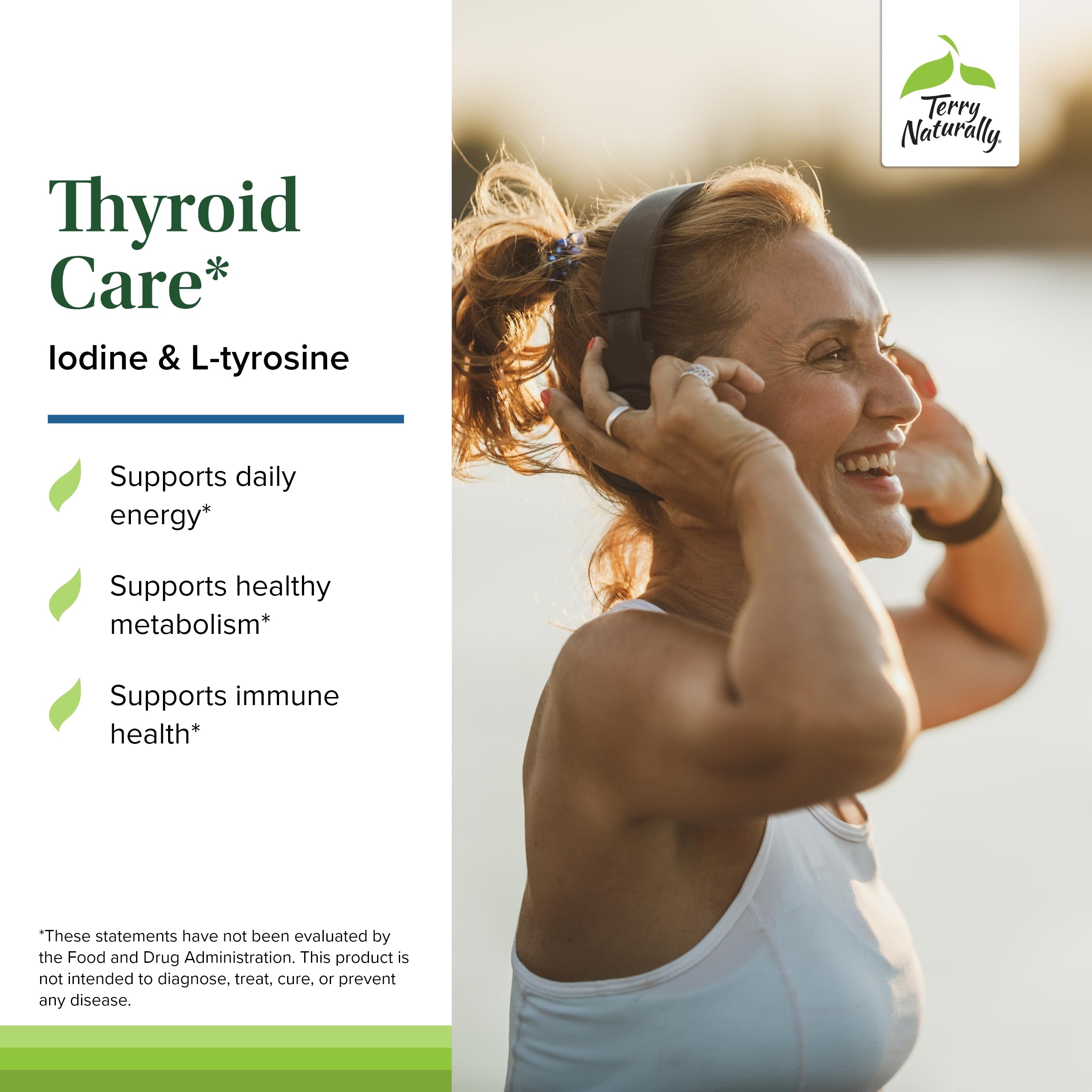 Terry Naturally Thyroid Care capsules close-up emphasizing iodine and L-tyrosine ingredients