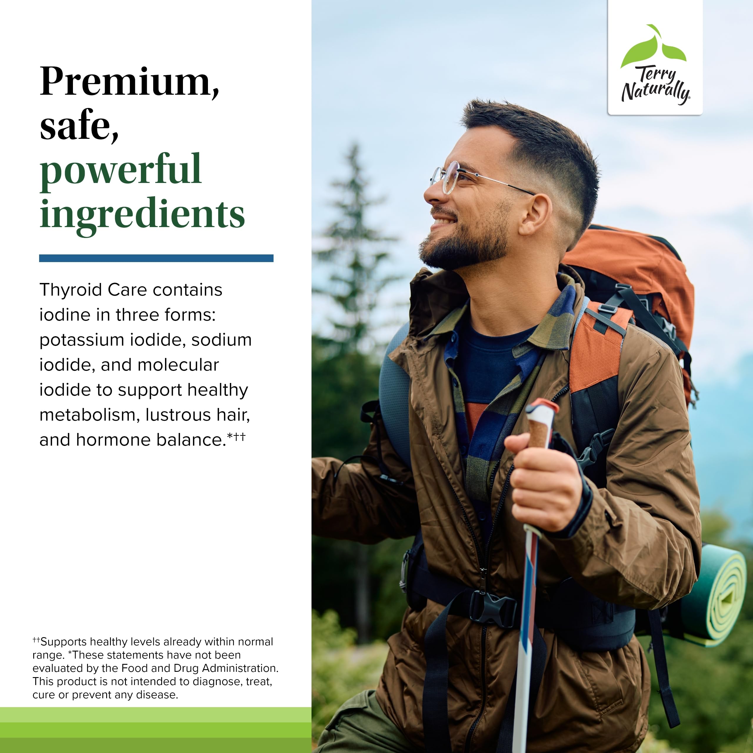 Terry Naturally Thyroid Care daily usage illustration showing 1-2 capsules on an empty stomach