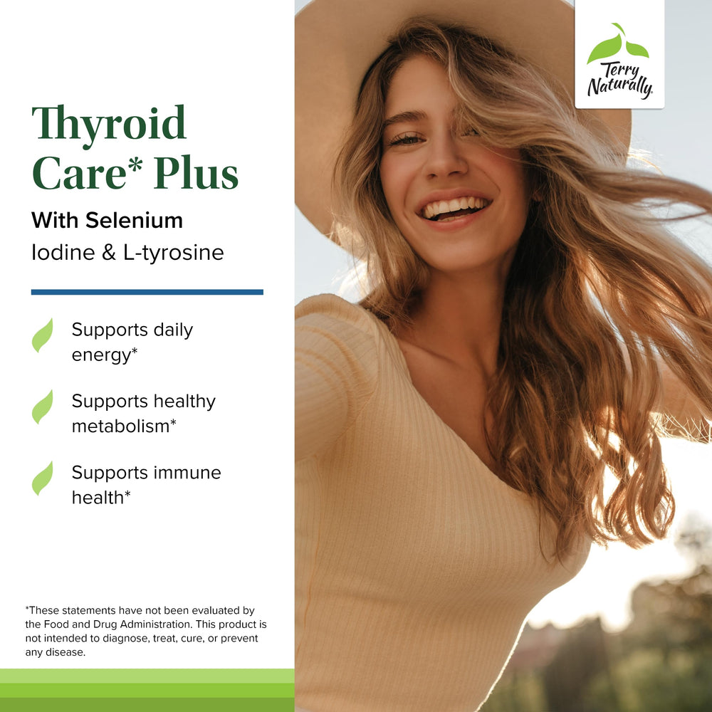 Terry Naturally Thyroid Care Plus label highlighting L-Tyrosine and selenium