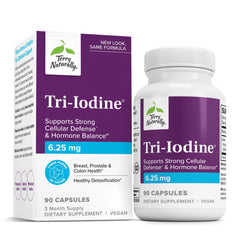 Terry Naturally Tri-Iodine bottle pouring, showing triple-iodine formula for thyroid support.