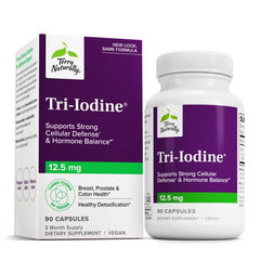 Terry Naturally Tri-Iodine bottle highlighting thyroid support and everyday vitality