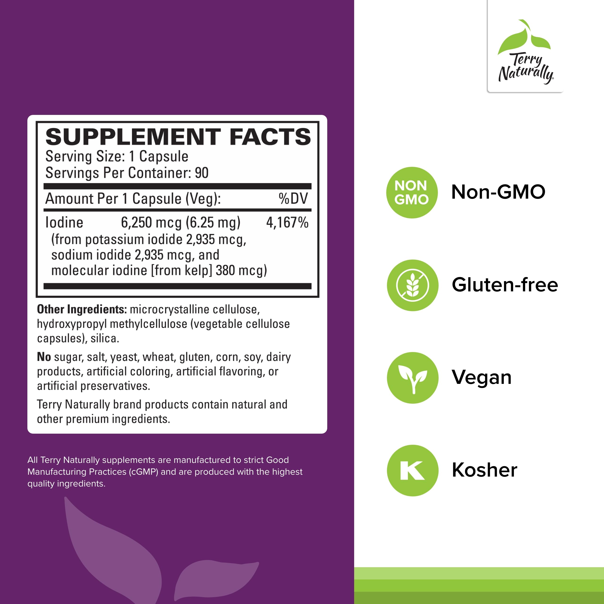 Terry Naturally Tri-Iodine capsule closeup, illustrating daily dosage convenience.