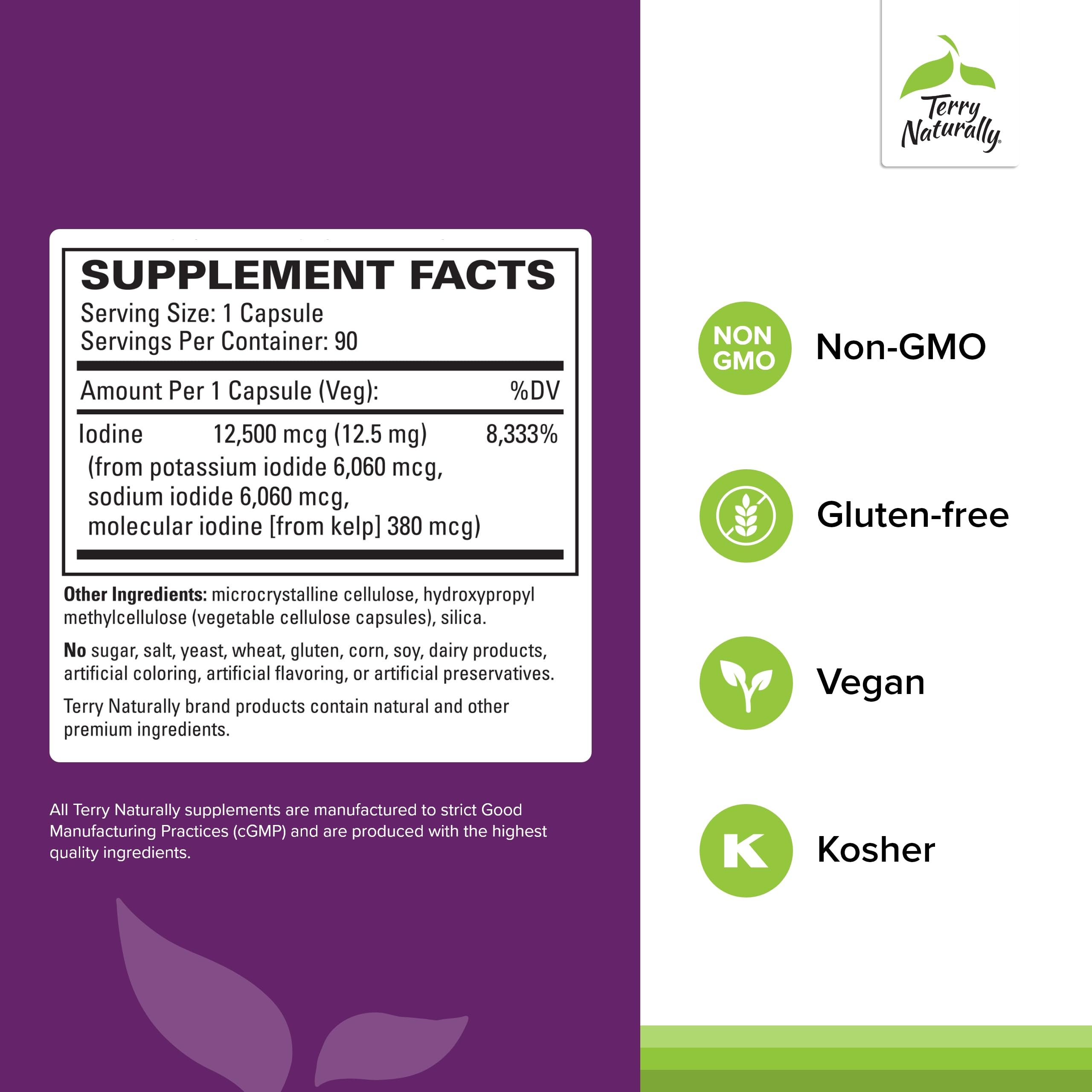 Terry Naturally Tri-Iodine capsules closeup, easy-to-swallow for daily wellness.