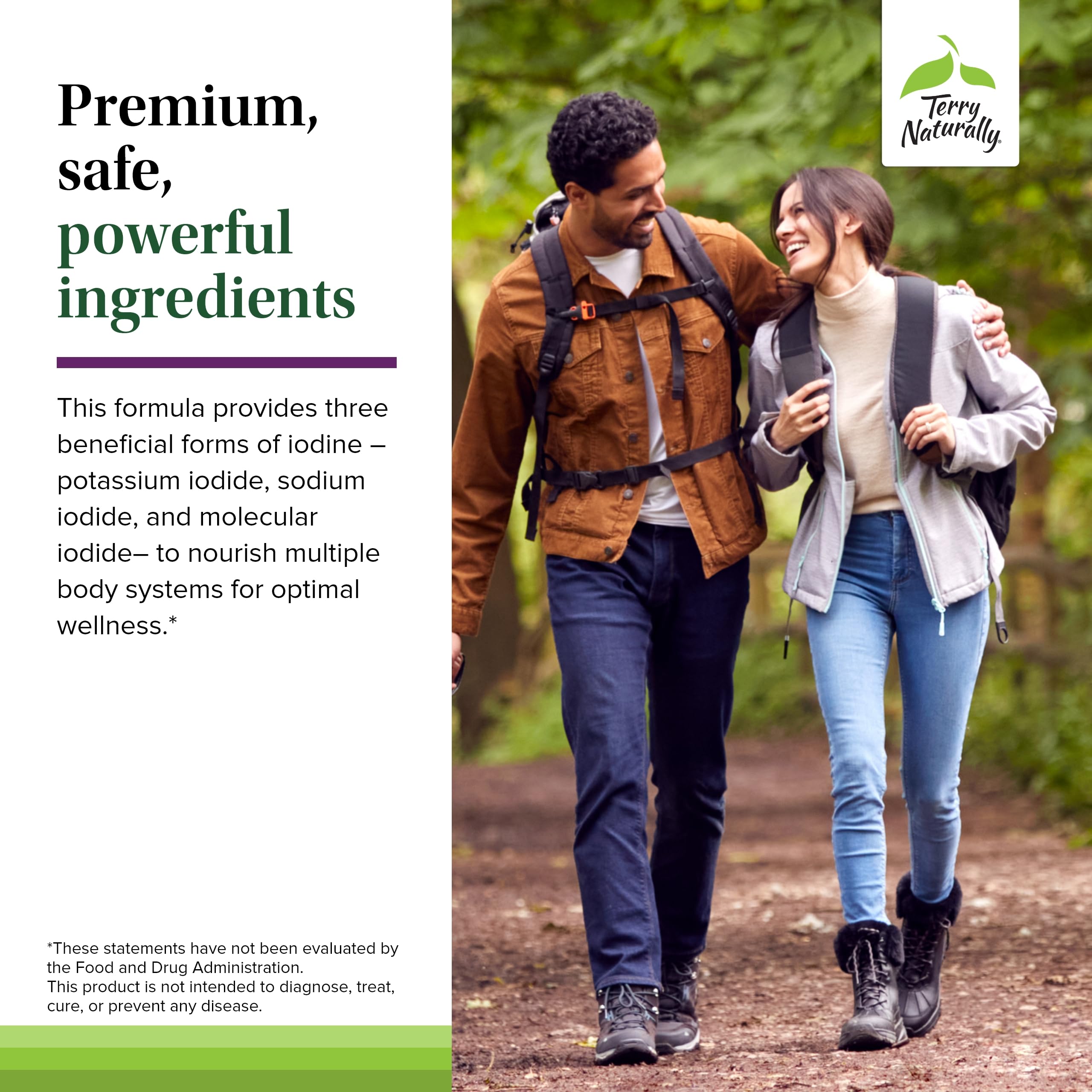 Terry Naturally Tri-Iodine dosage guide next to label, emphasizing 6.25 mg per capsule.