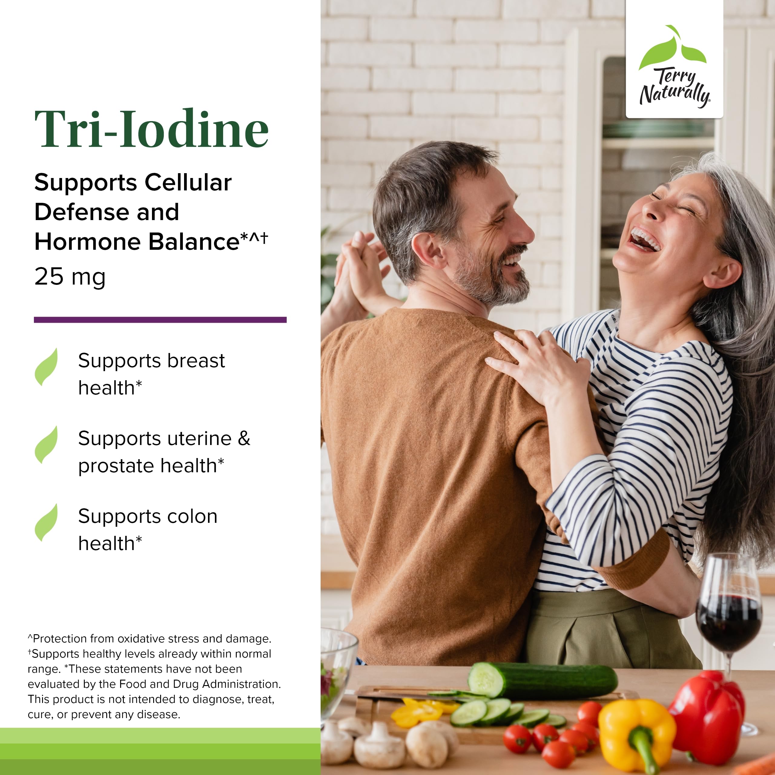 Terry Naturally Tri-Iodine packaging highlighting non GMO and third party testing