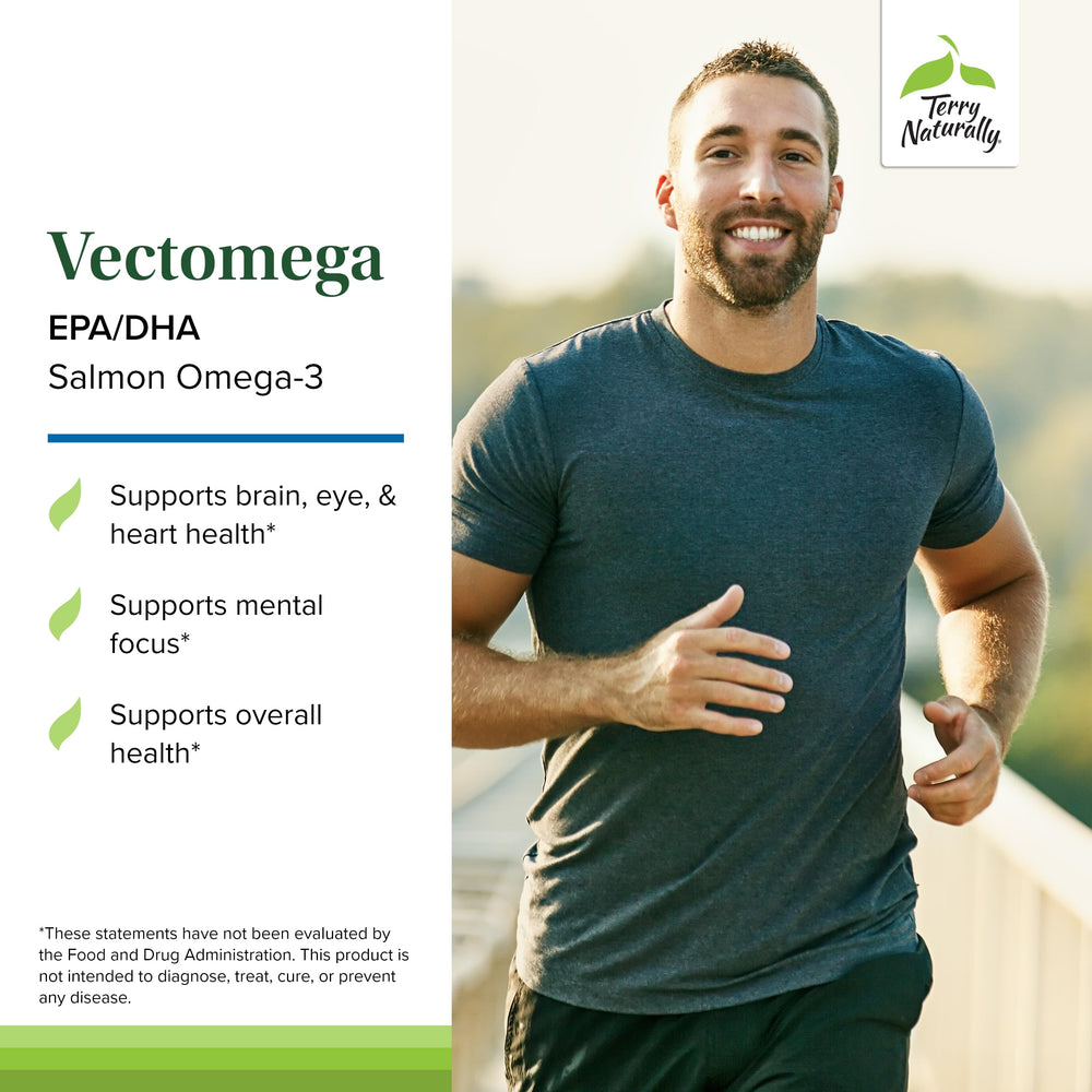 Terry Naturally Vectomega bottle label showing Atlantic salmon DHA and EPA source