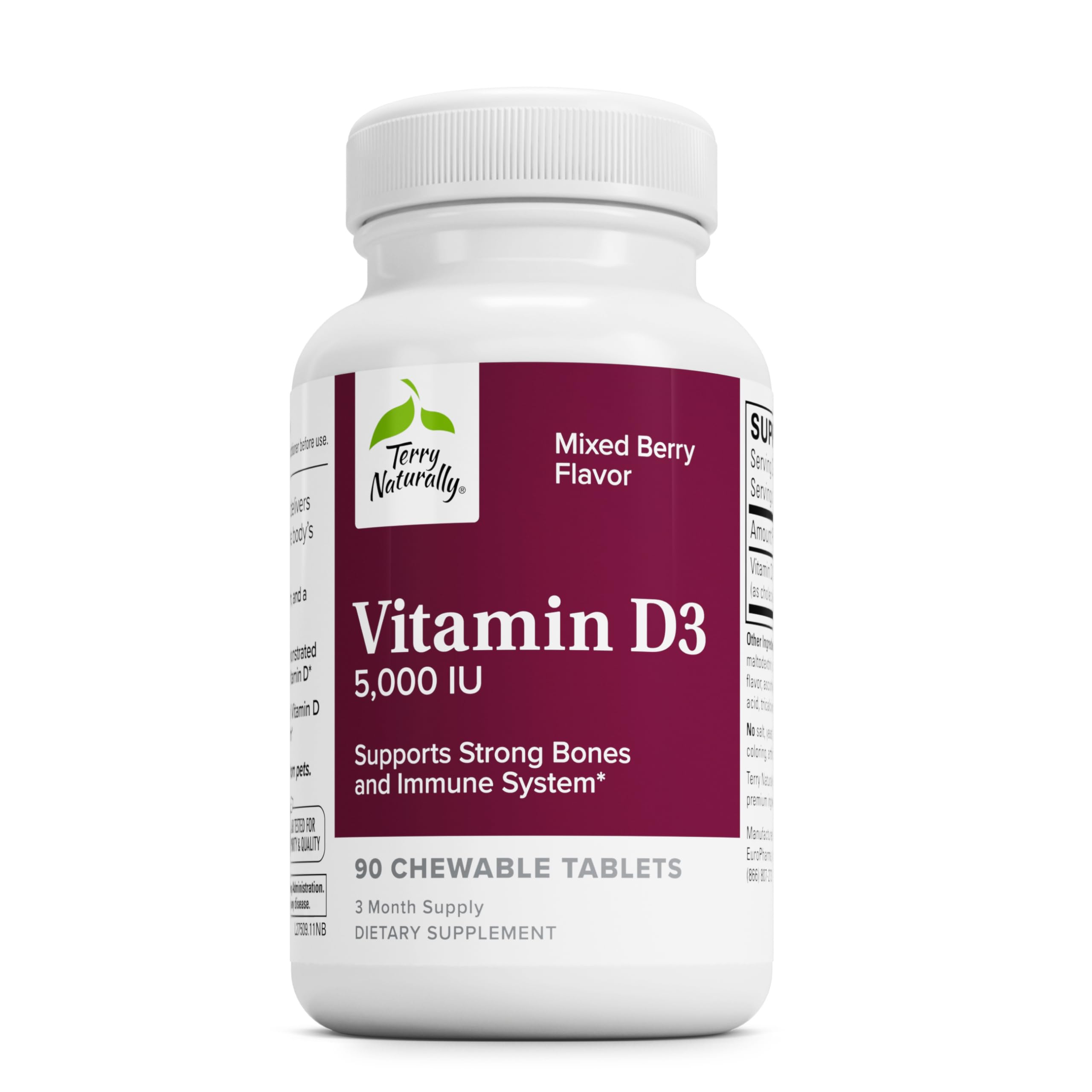 Terry Naturally Vitamin D3 bottle with berry chewables for daily immune support.