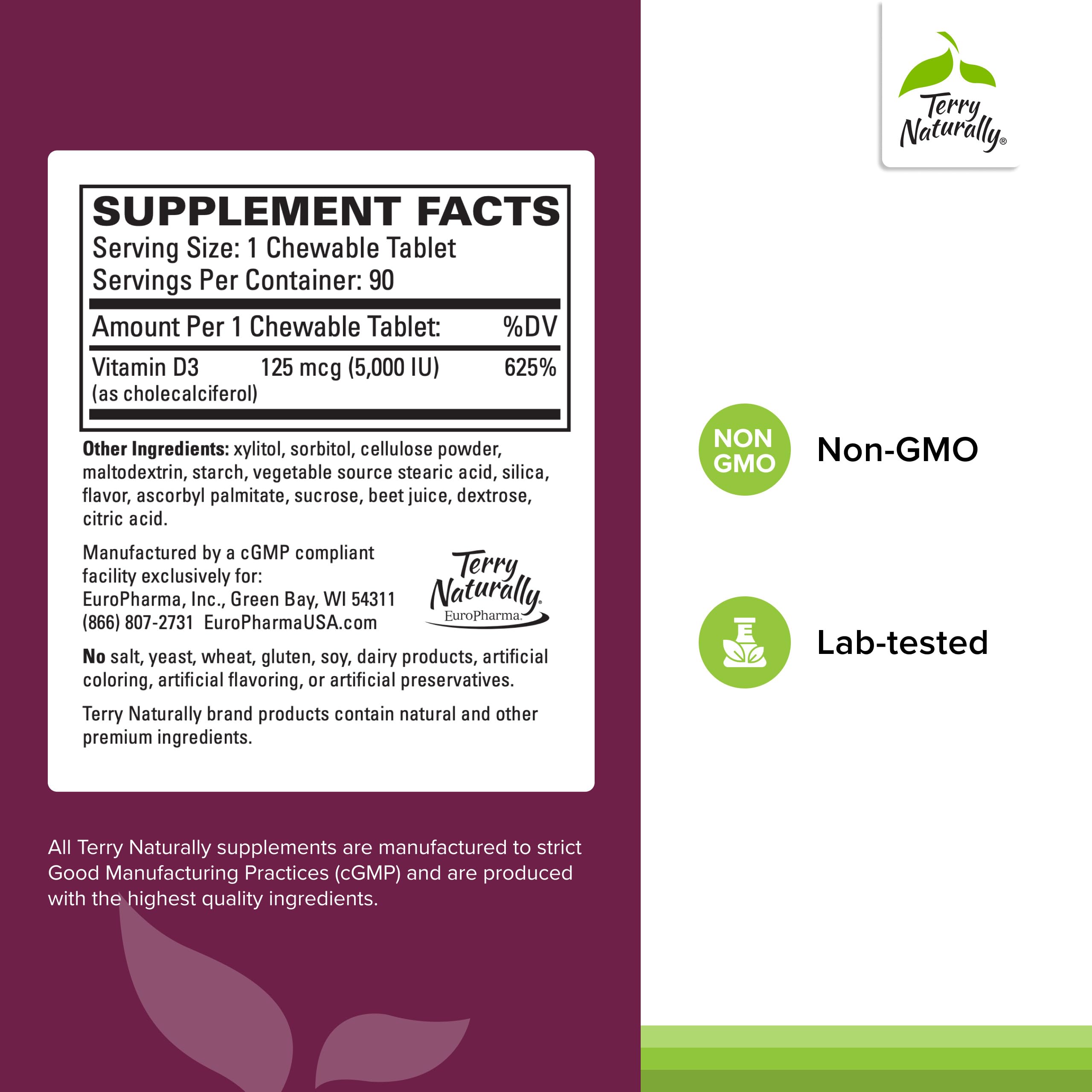 Terry Naturally Vitamin D3 berry chewables in convenient daily dose.